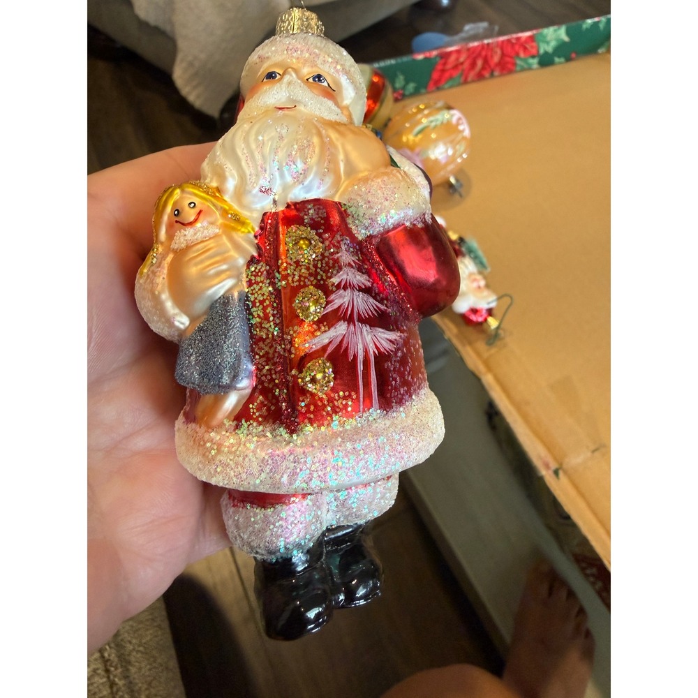 Old World Christmas Santa with Doll Glass Ornament Red Glitter OWC 40161 Vintage